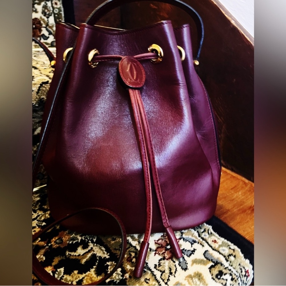 CARTIER PRISTINE Calfskin Ox Blood Red Leather Drawstring Bucket Bag NWOT - Picture 2 of 9